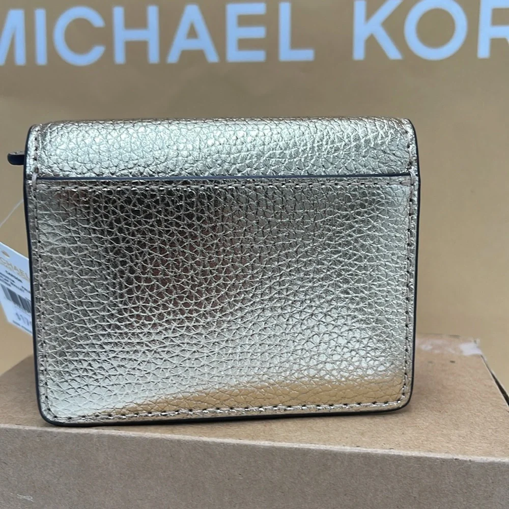 MICHAEL KORS Carson Small Metallic Pebbled Leather Wallet Pale Gold  NWT